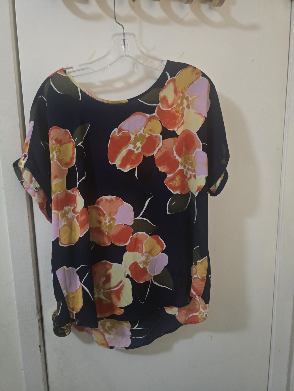 Maurices Navy Floral Short-Sleeve Blouse with Coral, Pink & Yellow Blooms